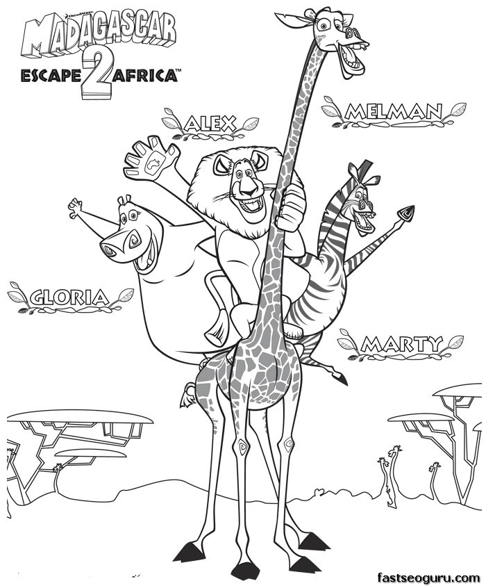 Print out madagascar 2 Gloria, Alex Melman and Marty coloring page.